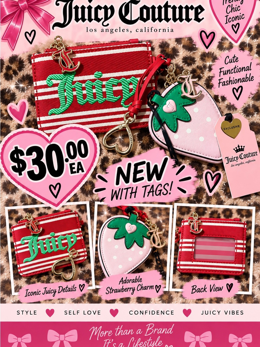 Juicy Couture Red & Green Stripe Cardholder with Pink Strawberry Charm